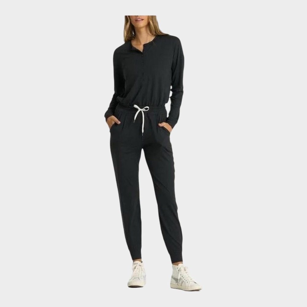 Vuori Lux Henley Jumpsuit Long Sleeve Drawstring in Black Heather Womens M